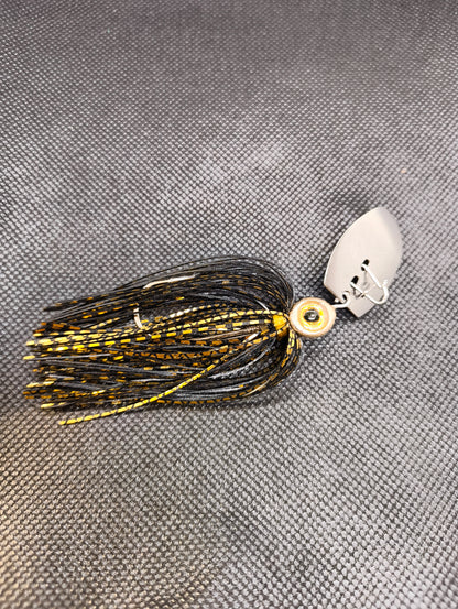 Limestone Softbaits ShadShaker chatterbait with green and black design, featuring a fitted jig head and skirt for bass fishing.