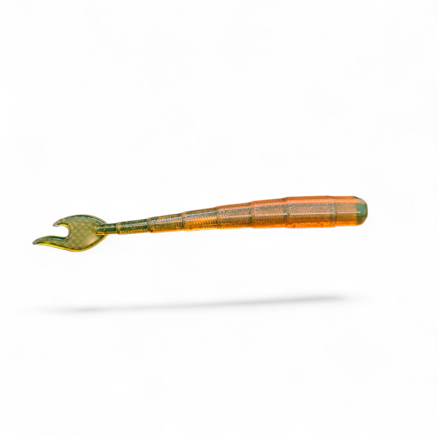 Limestone Softbaits Flaming Ned 4-inch soft plastic fishing lure with vibrant orange and yellow colors, designed for freshwater fishing.
