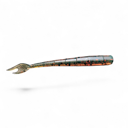 Limestone Softbaits Flaming Ned 4-inch soft plastic bait in fiery orange and red with detailed fish scale texture.