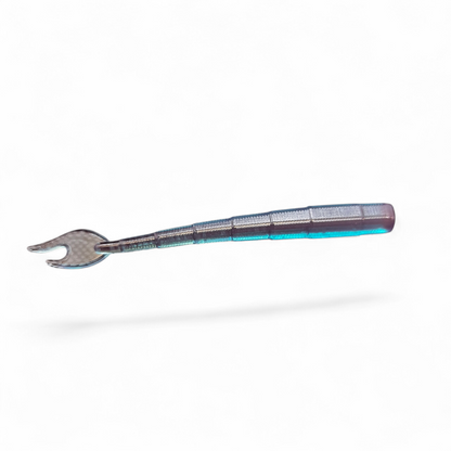 Limestone Softbaits Flaming Ned 4-inch soft plastic fishing lure with vibrant flaming design for freshwater fishing.